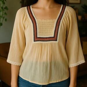 Vintage Sheer Peasant Blouse Boho Lace Trim Cream Top Size Large
